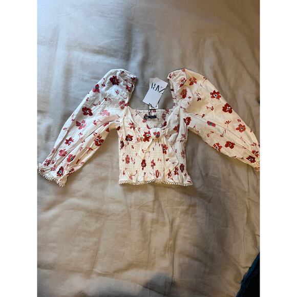 NWT Zara Linen Blend Floral Print Ruched Cream Print Blouse xs - Picture 11 of 12